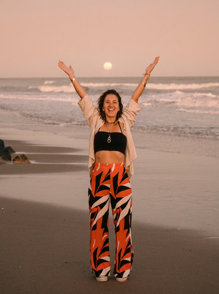 Vero Bentancort en la playa al atardecer
